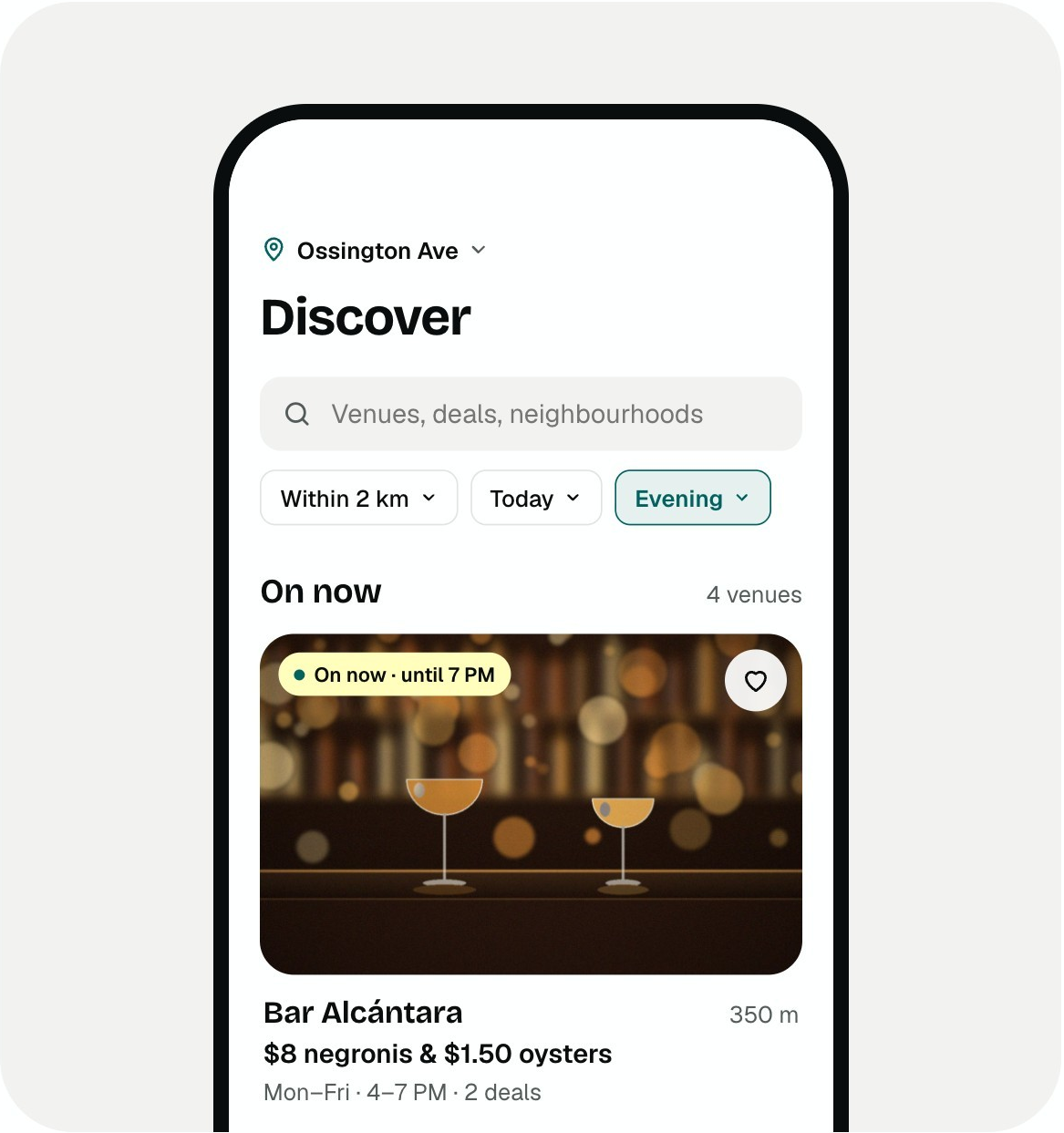 Example Discover screen with nearby venues, food and drink specials, and filters for distance, day and time.