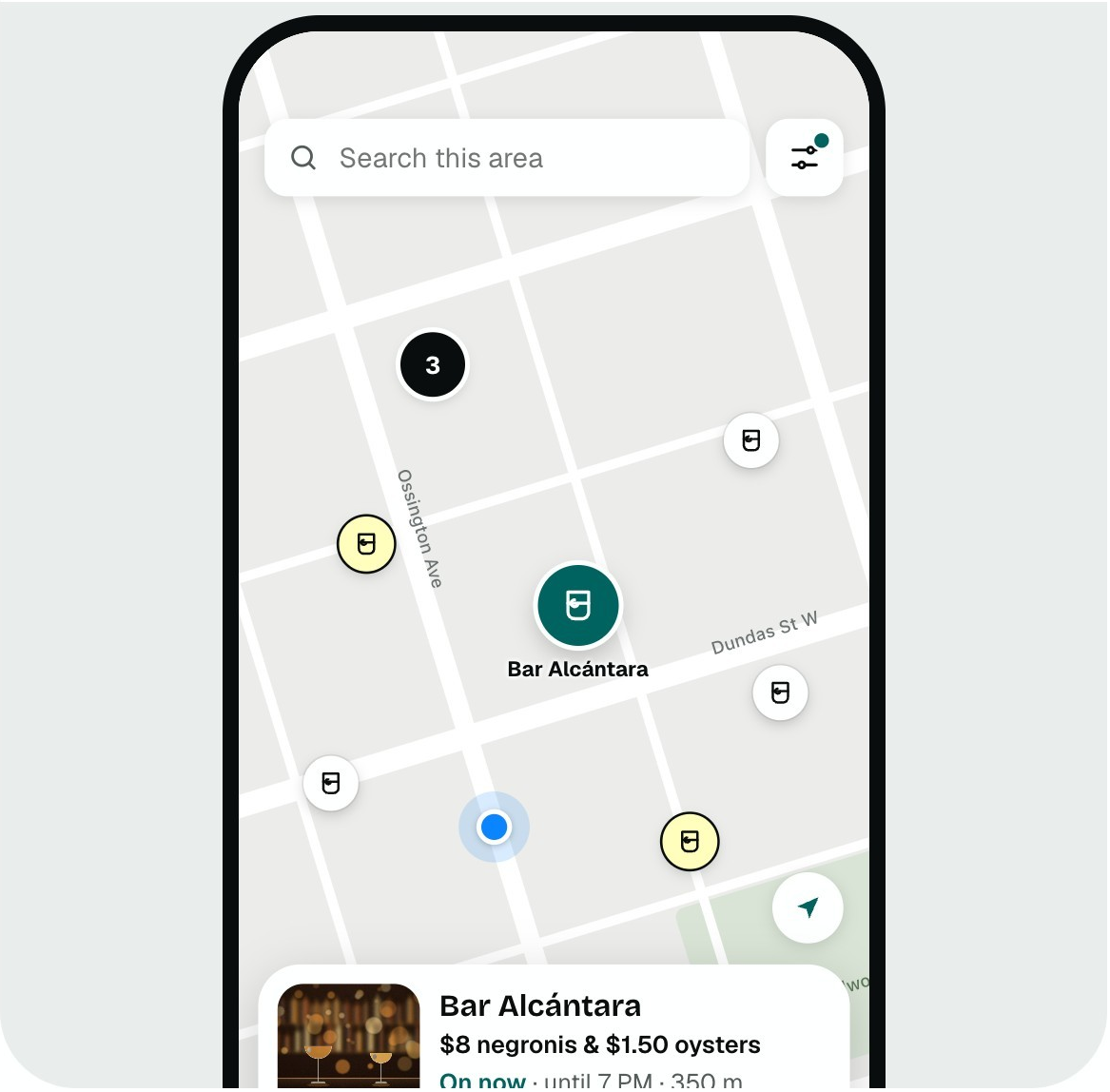 Example Explore map with nearby venues and a selected happy hour deal.