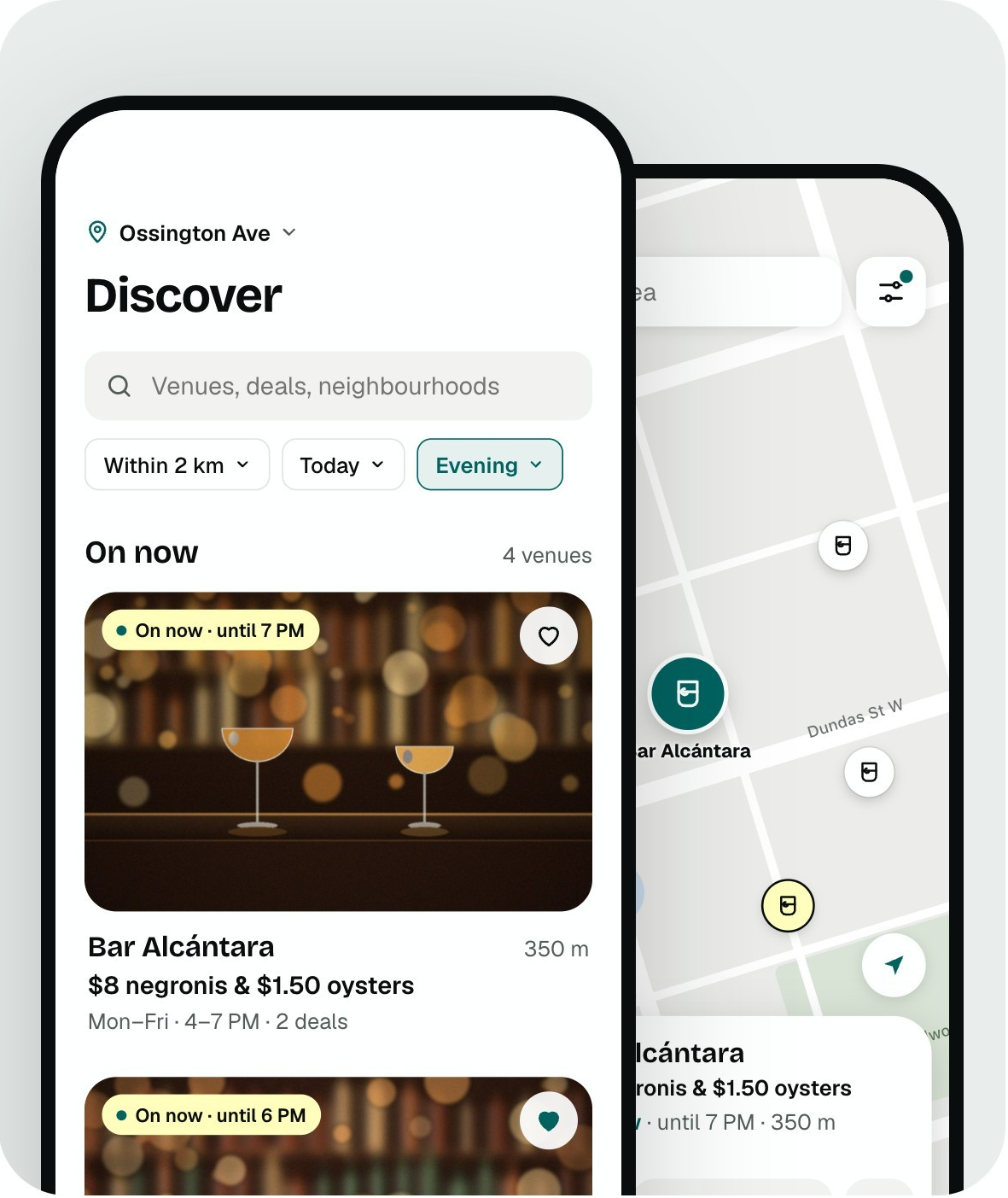 Illustrative Clinkr Discover and Explore screens showing nearby happy hour deals and a venue map.