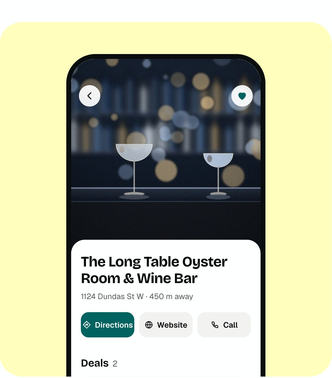 Example venue page with its location, contact options and deals.